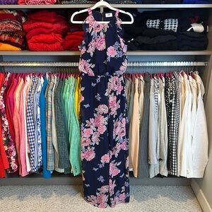 Old Navy pink/navy floral print sleeveless elastic waistband maxi dress size XS
